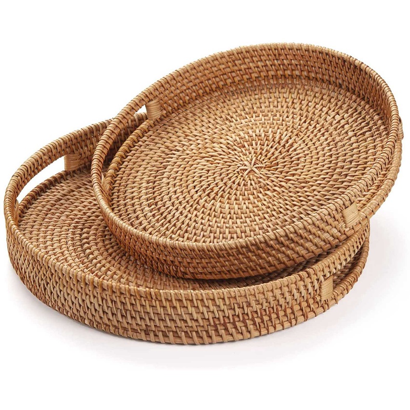 Rattan Tray Handle - Ronde rotan dienbladen, decoratieve geweven Ottomaanse